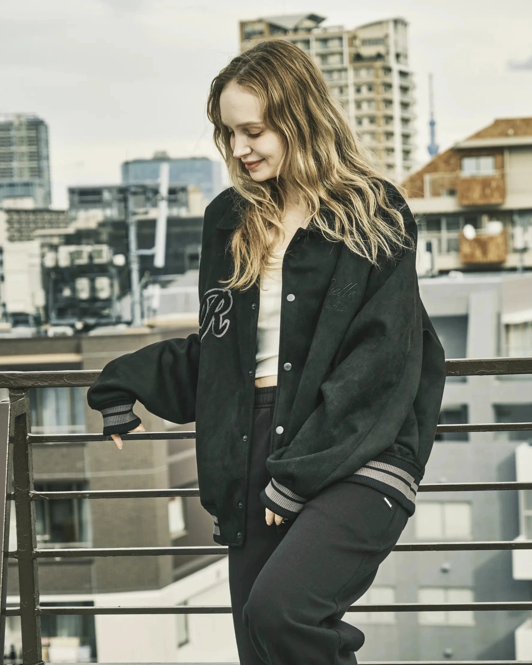 Faux Suede R Patch Bomber Jacket – RUELLE Faux Suede R Patch Bomber Jacket – RUELLE
