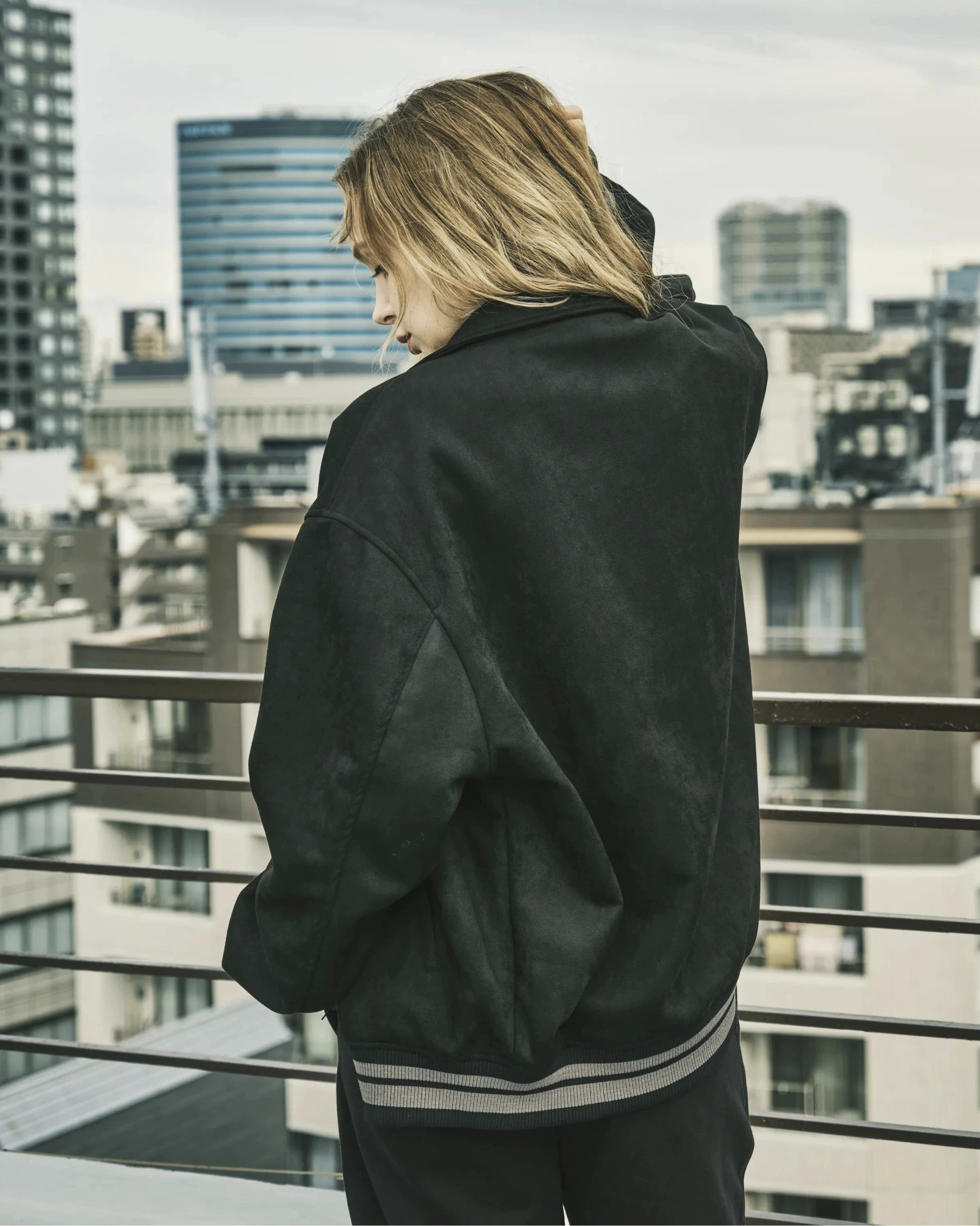 Faux Suede R Patch Bomber Jacket-7