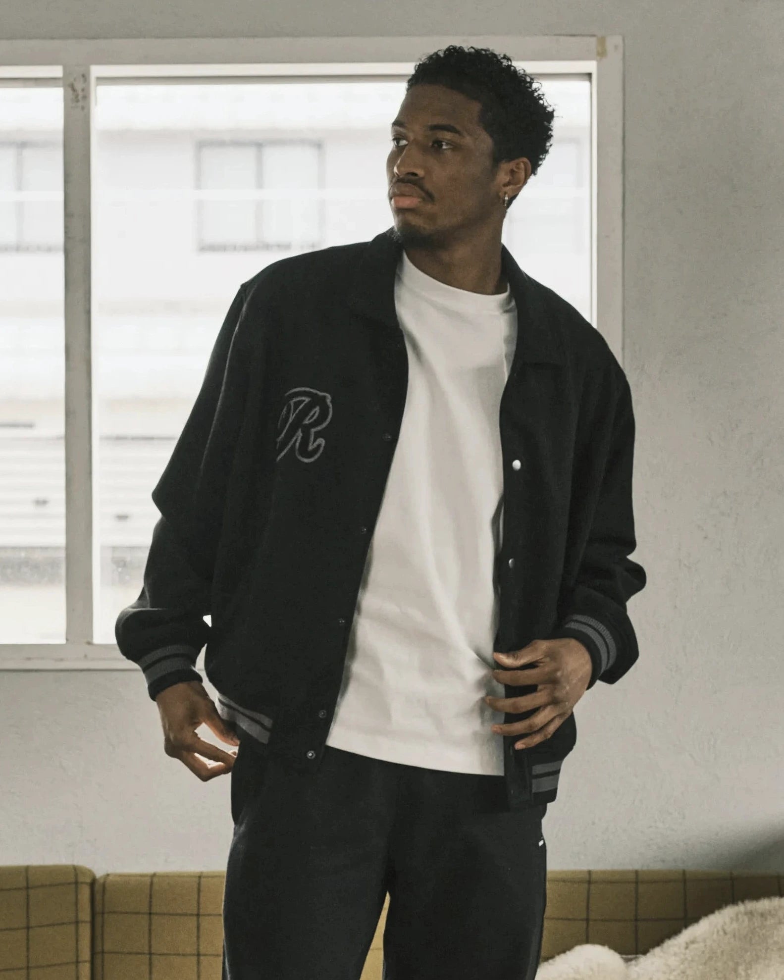 Faux Suede R Patch Bomber Jacket-9