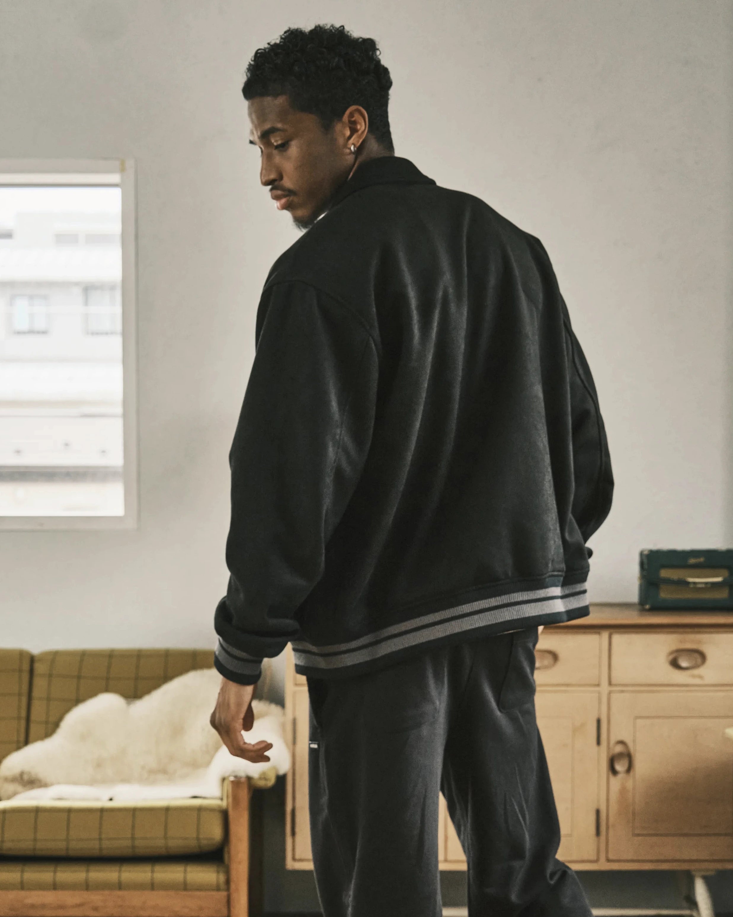 Faux Suede R Patch Bomber Jacket-10